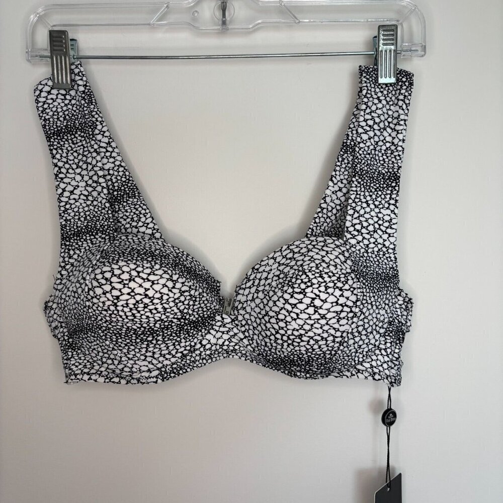 REE BEES Bikini Top Sz Med Black White Pebble Wide Straps Push Up NWT Underwire